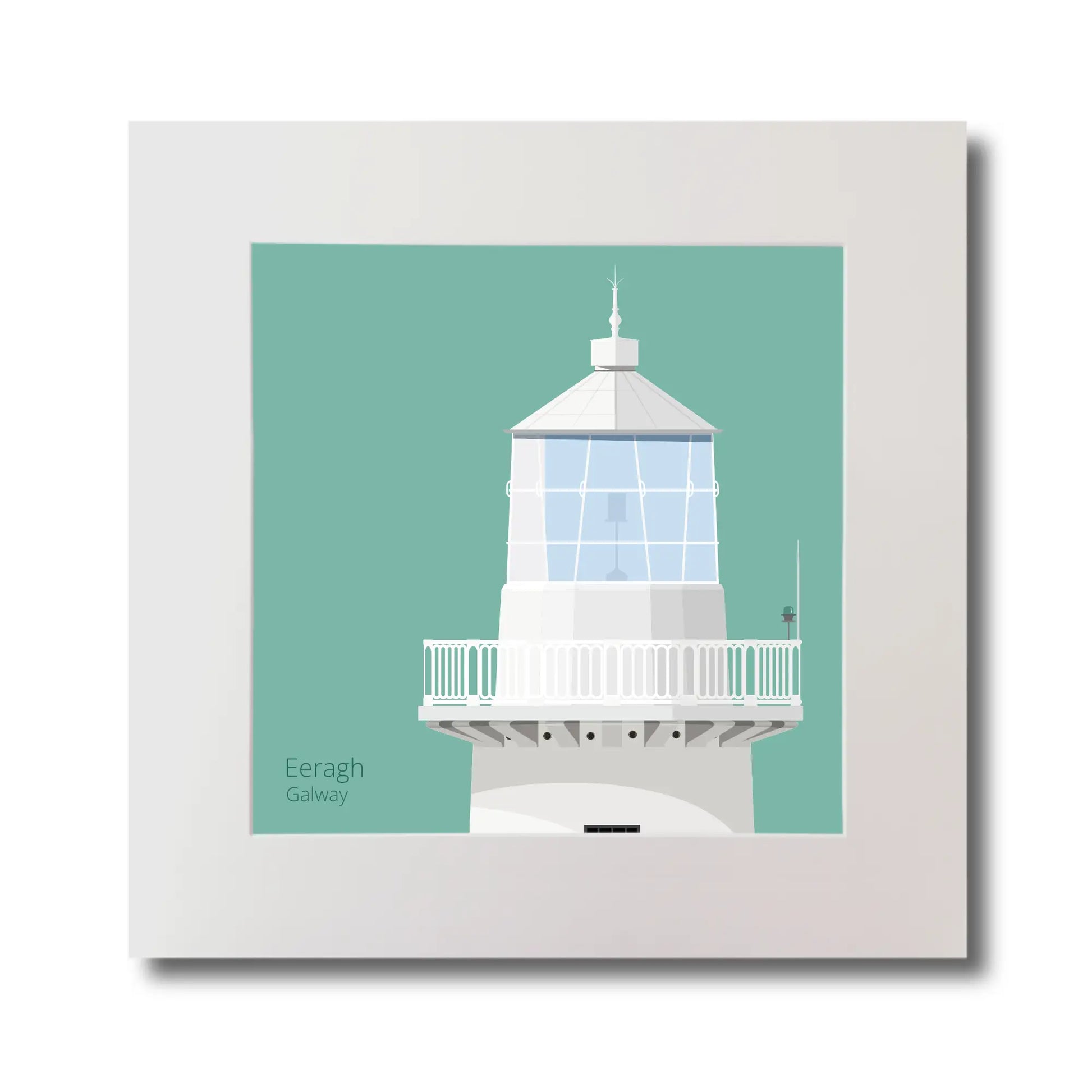 Illustration Eeragh lighthouse on an ocean green background, mounted and measuring 30x30cm.