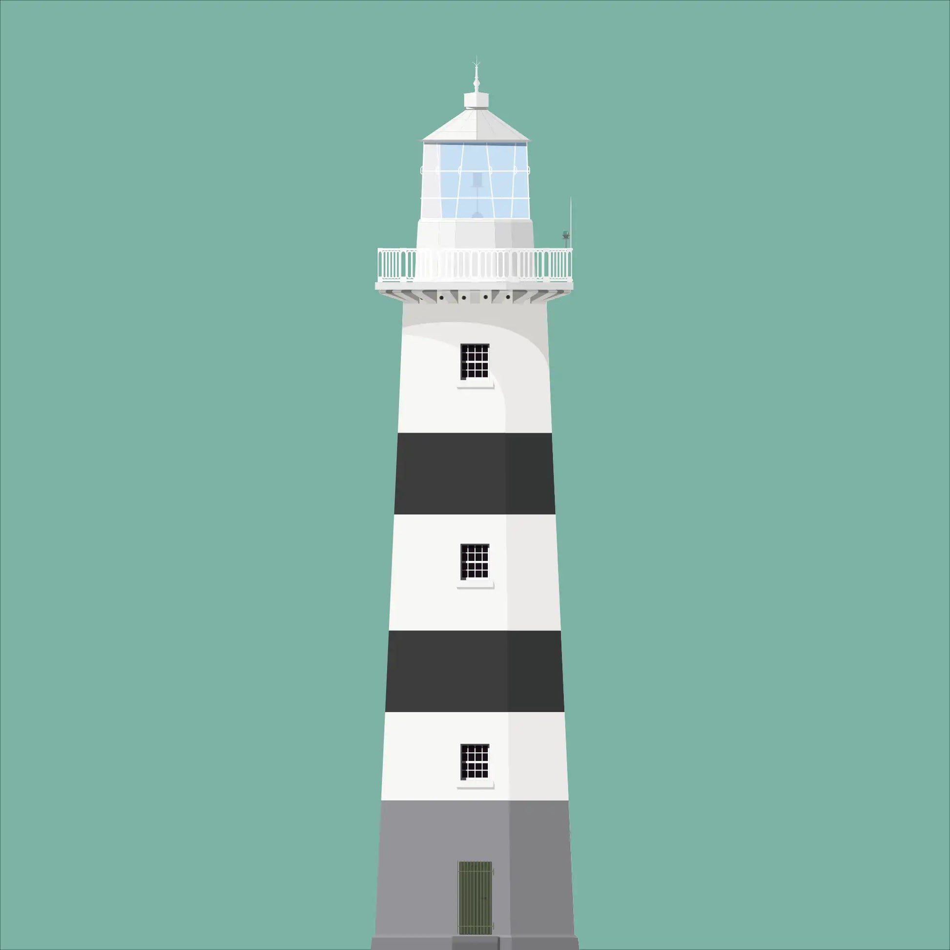 Contemporary graphic illustration of Eeragh lighthouse on a white background inside light blue square.