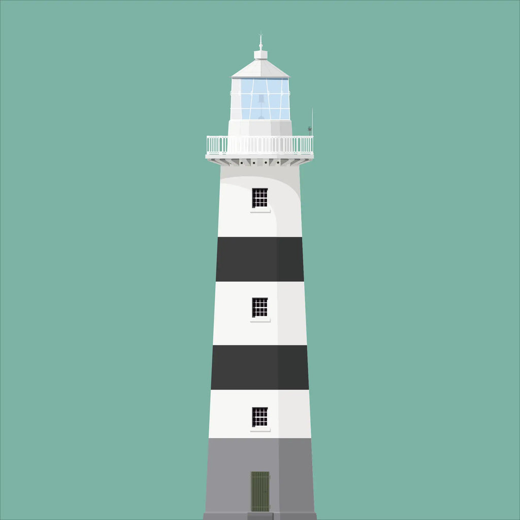Contemporary graphic illustration of Eeragh lighthouse on a white background inside light blue square.