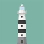 Contemporary graphic illustration of Eeragh lighthouse on a white background inside light blue square.
