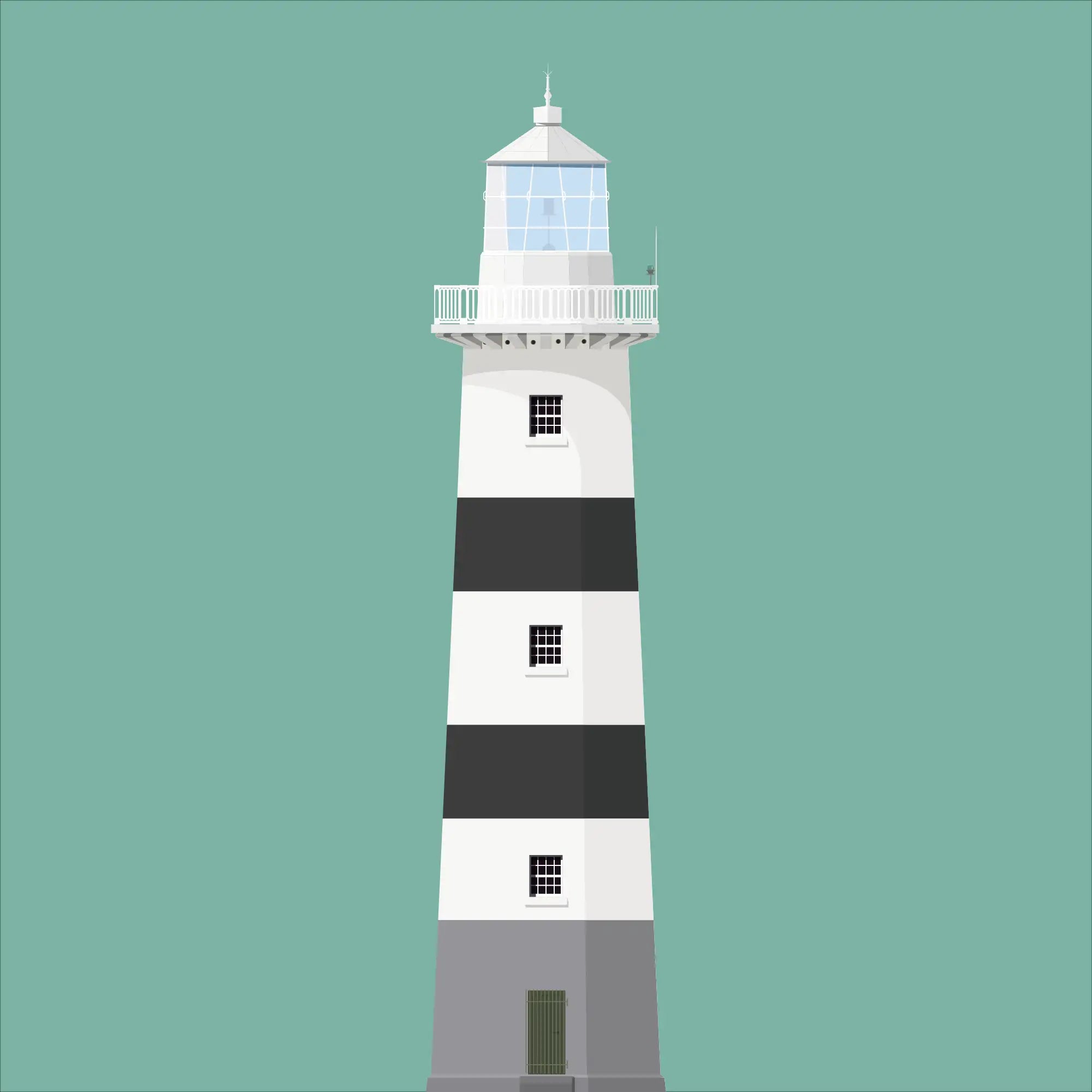 Contemporary graphic illustration of Eeragh lighthouse on a white background inside light blue square.
