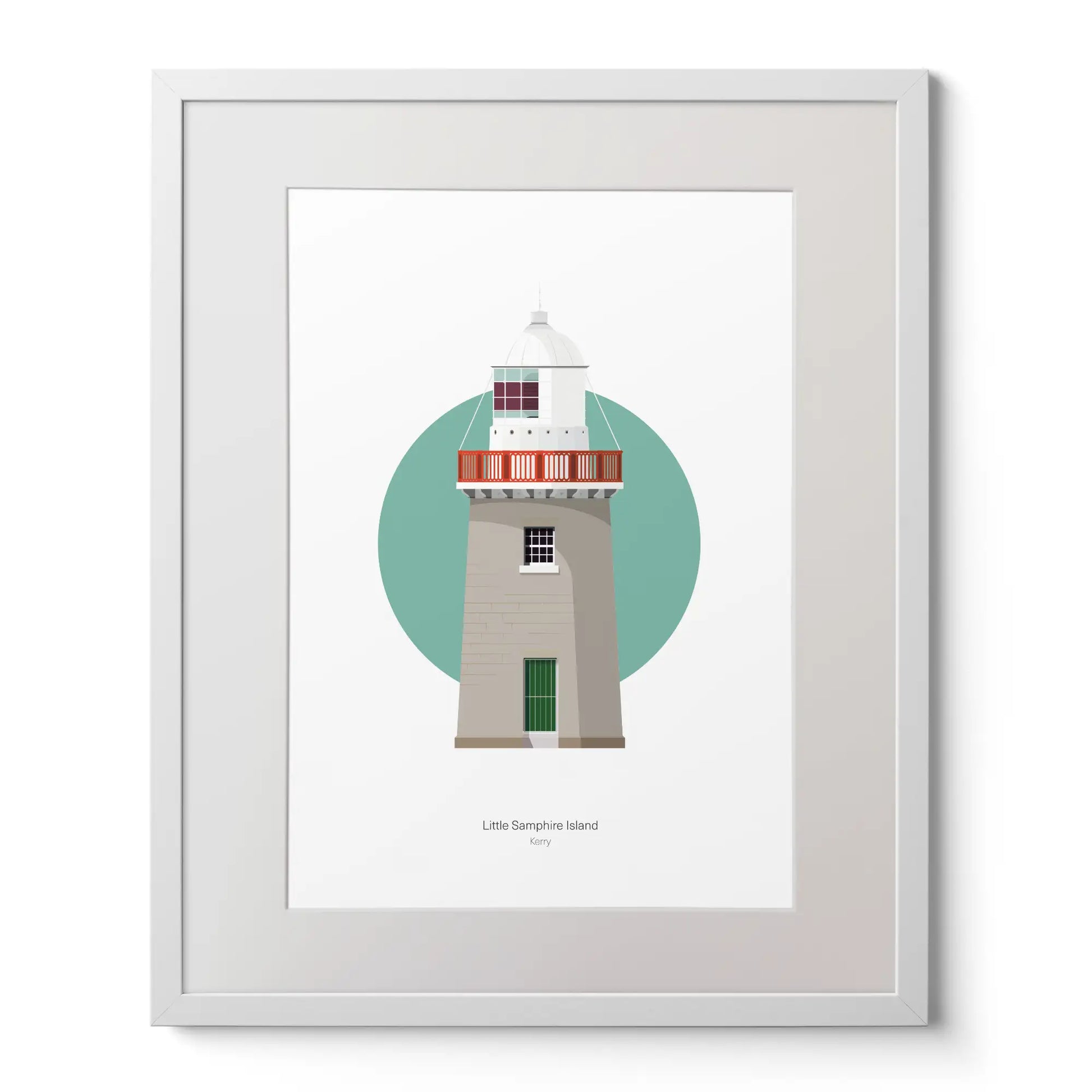 Contemporary art print of Little Samphire Island lighthouse on a white background inside light blue square,  in a white frame measuring 40x50cm.