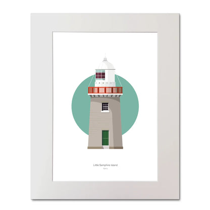 Contemporary illustration of Little Samphire Island lighthouse on a white background inside light blue square, mounted and measuring 40x50cm.