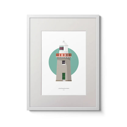 Contemporary wall art decor of Little Samphire Island lighthouse on a white background inside light blue square,  in a white frame measuring 30x40cm.
