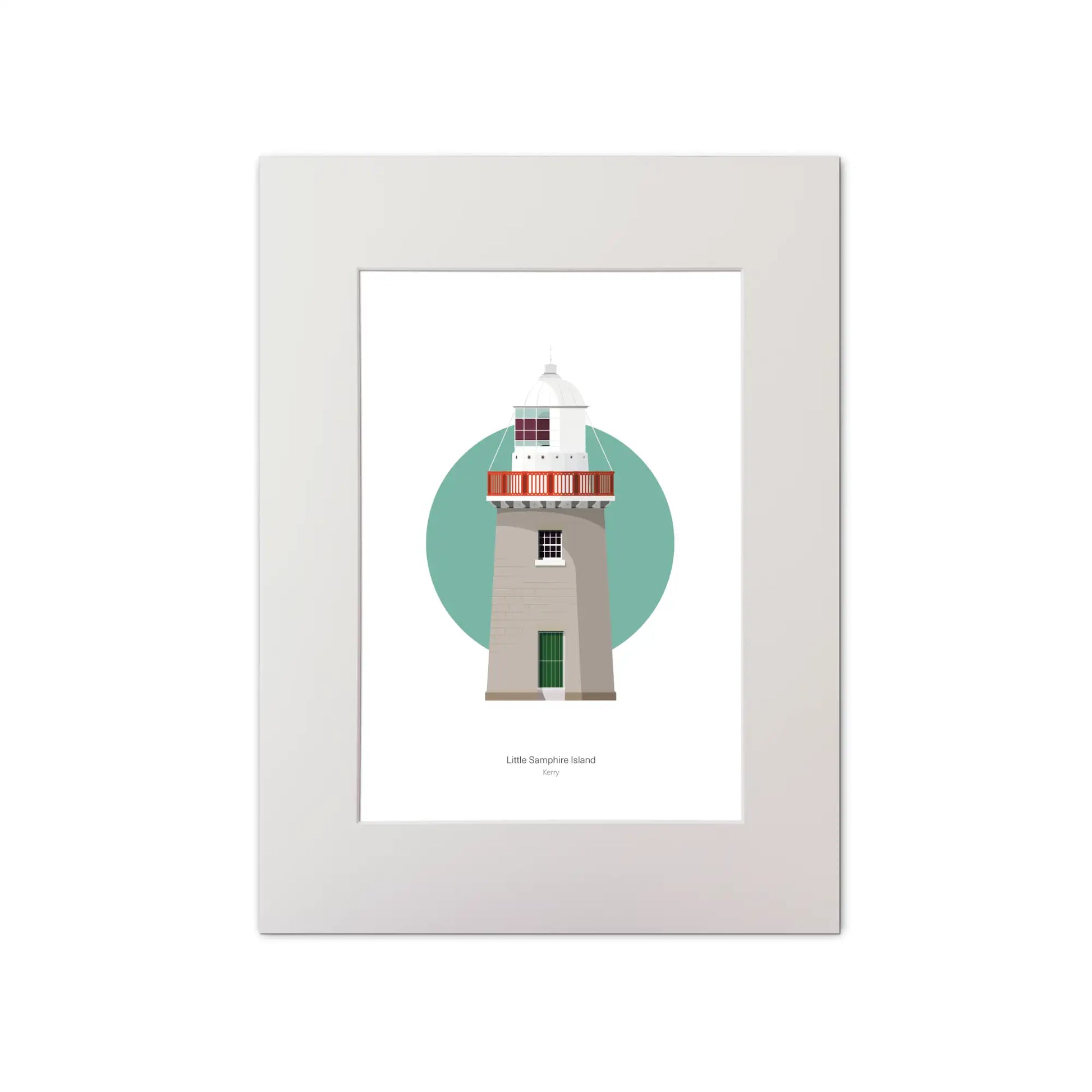 Contemporary graphic illustration of Little Samphire Island lighthouse on a white background inside light blue square, mounted and measuring 30x40cm.