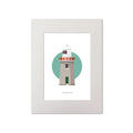 Contemporary graphic illustration of Little Samphire Island lighthouse on a white background inside light blue square, mounted and measuring 30x40cm.