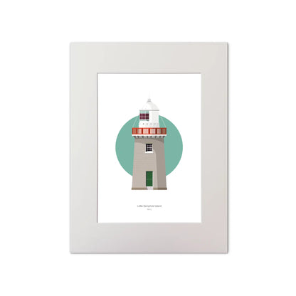 Contemporary graphic illustration of Little Samphire Island lighthouse on a white background inside light blue square, mounted and measuring 30x40cm.