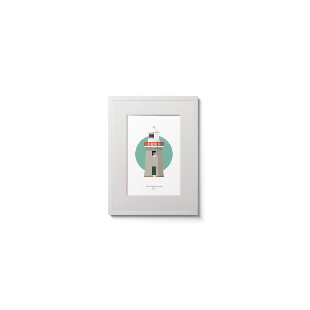 Contemporary wall hanging of Little Samphire Island lighthouse on a white background inside light blue square,  in a white frame measuring 15x20cm.