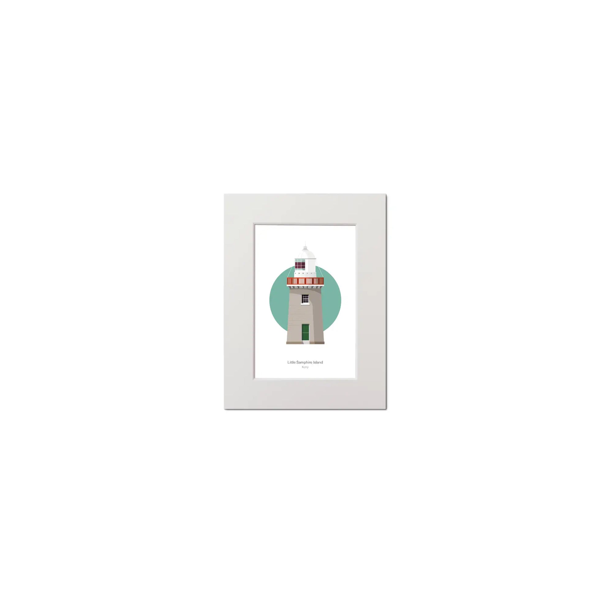 Contemporary graphic illustration of Little Samphire Island lighthouse on a white background inside light blue square, mounted and measuring 15x20cm.