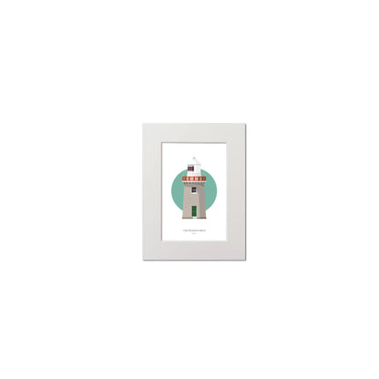 Contemporary graphic illustration of Little Samphire Island lighthouse on a white background inside light blue square, mounted and measuring 15x20cm.