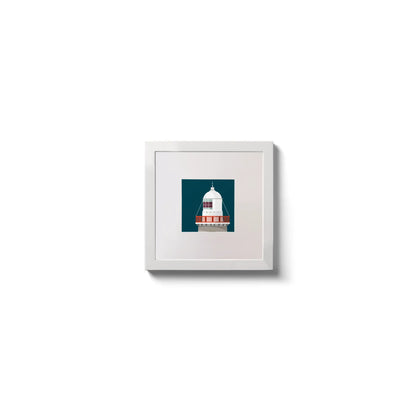 Contemporary wall art Little Samphire lighthouse on a midnight blue background,  in a white square frame measuring 10x10cm.