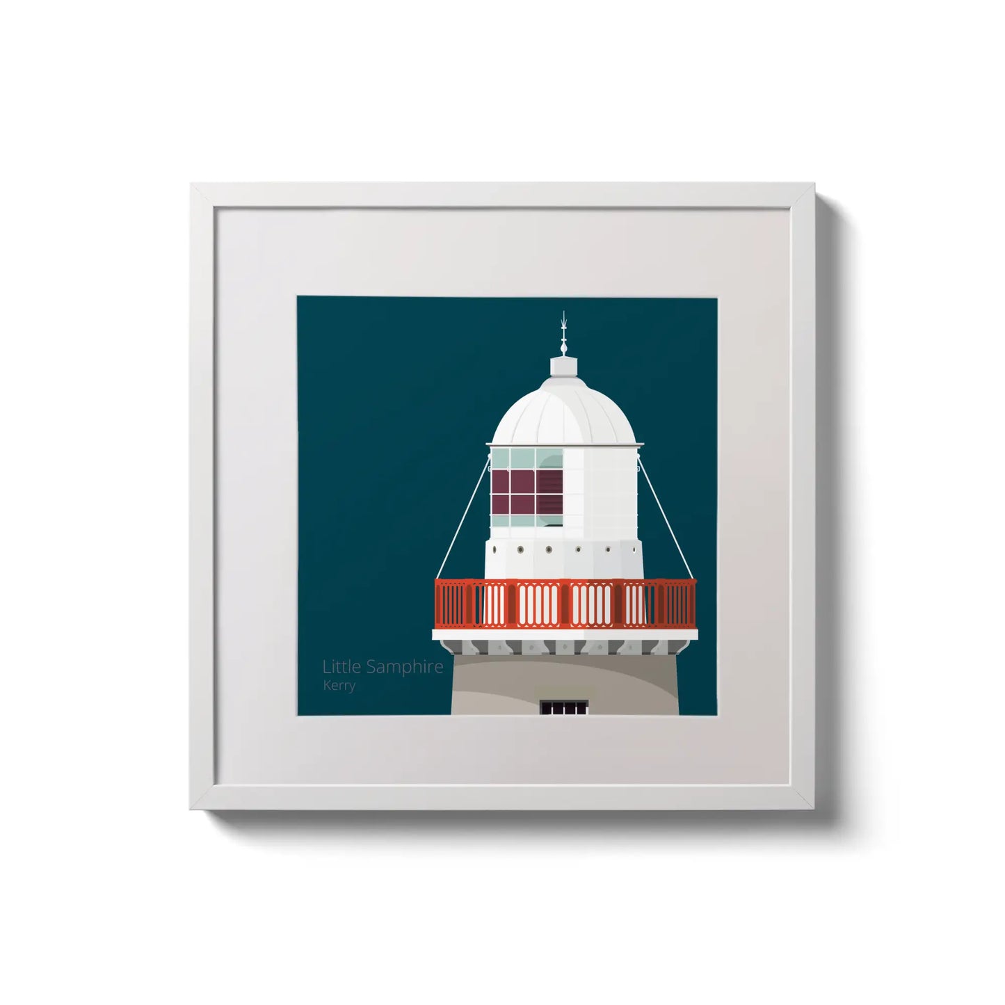 Framed wall art decoration Little Samphire lighthouse on a midnight blue background,  in a white square frame measuring 20x20cm.
