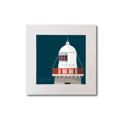 Illustration Little Samphire lighthouse on a midnight blue background, mounted and measuring 20x20cm.