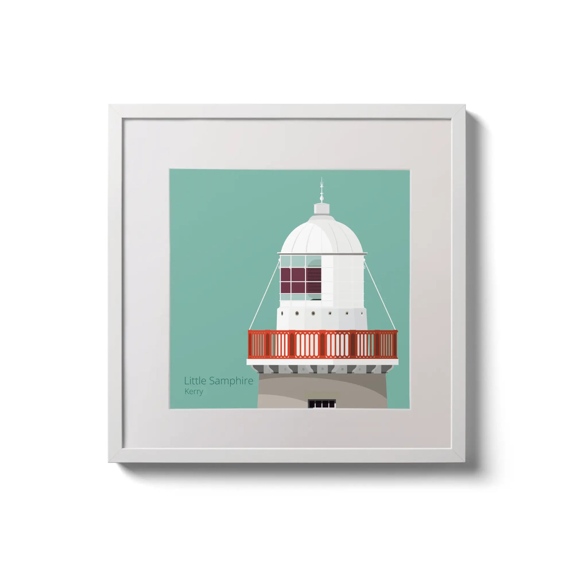 Contemporary wall hanging Little Samphire lighthouse on an ocean green background,  in a white square frame measuring 20x20cm.