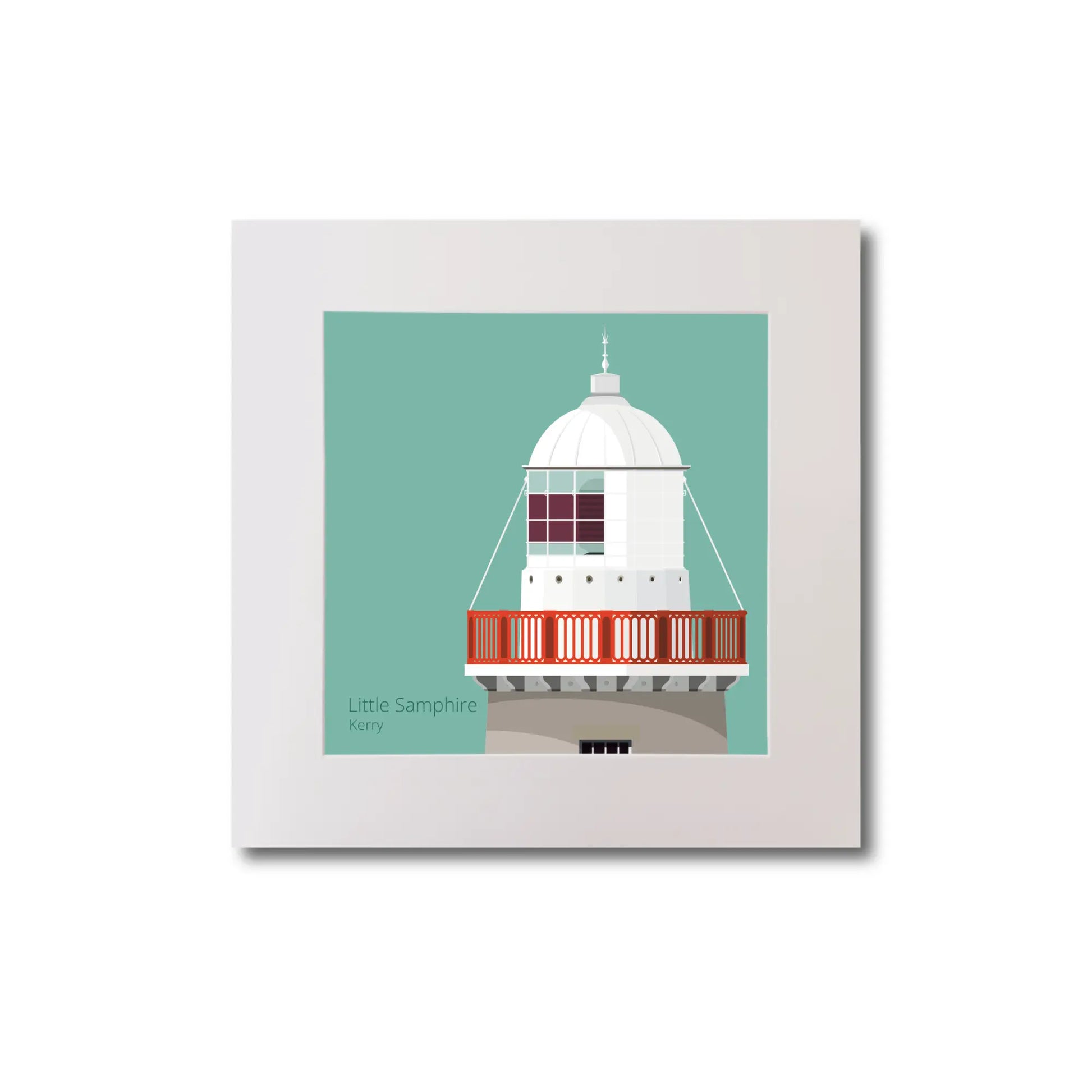 Illustration Little Samphire lighthouse on an ocean green background, mounted and measuring 20x20cm.