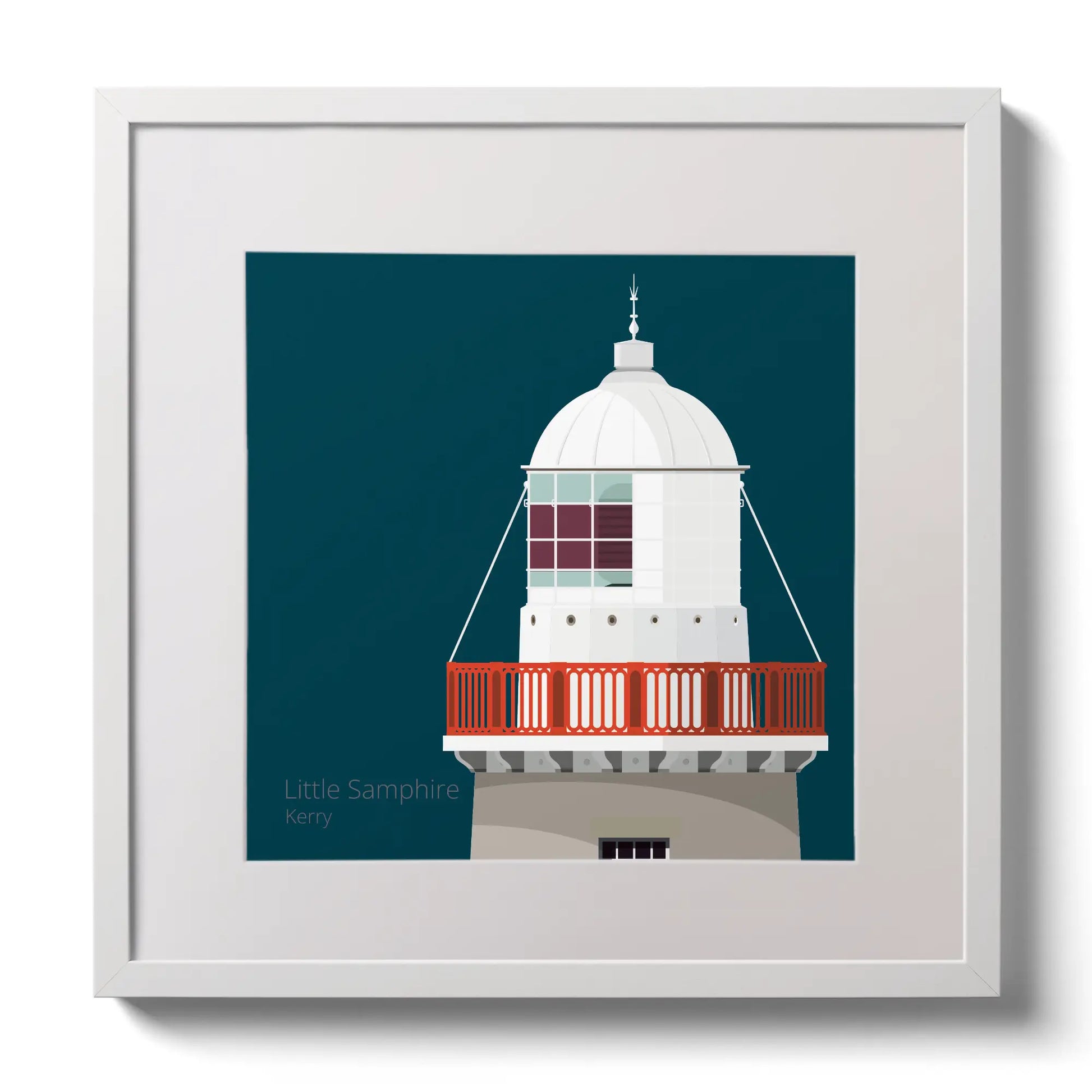 Illustration Little Samphire lighthouse on a midnight blue background,  in a white square frame measuring 30x30cm.
