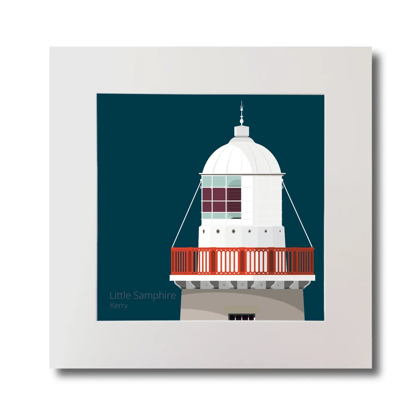 Illustration Little Samphire lighthouse on a midnight blue background, mounted and measuring 30x30cm.