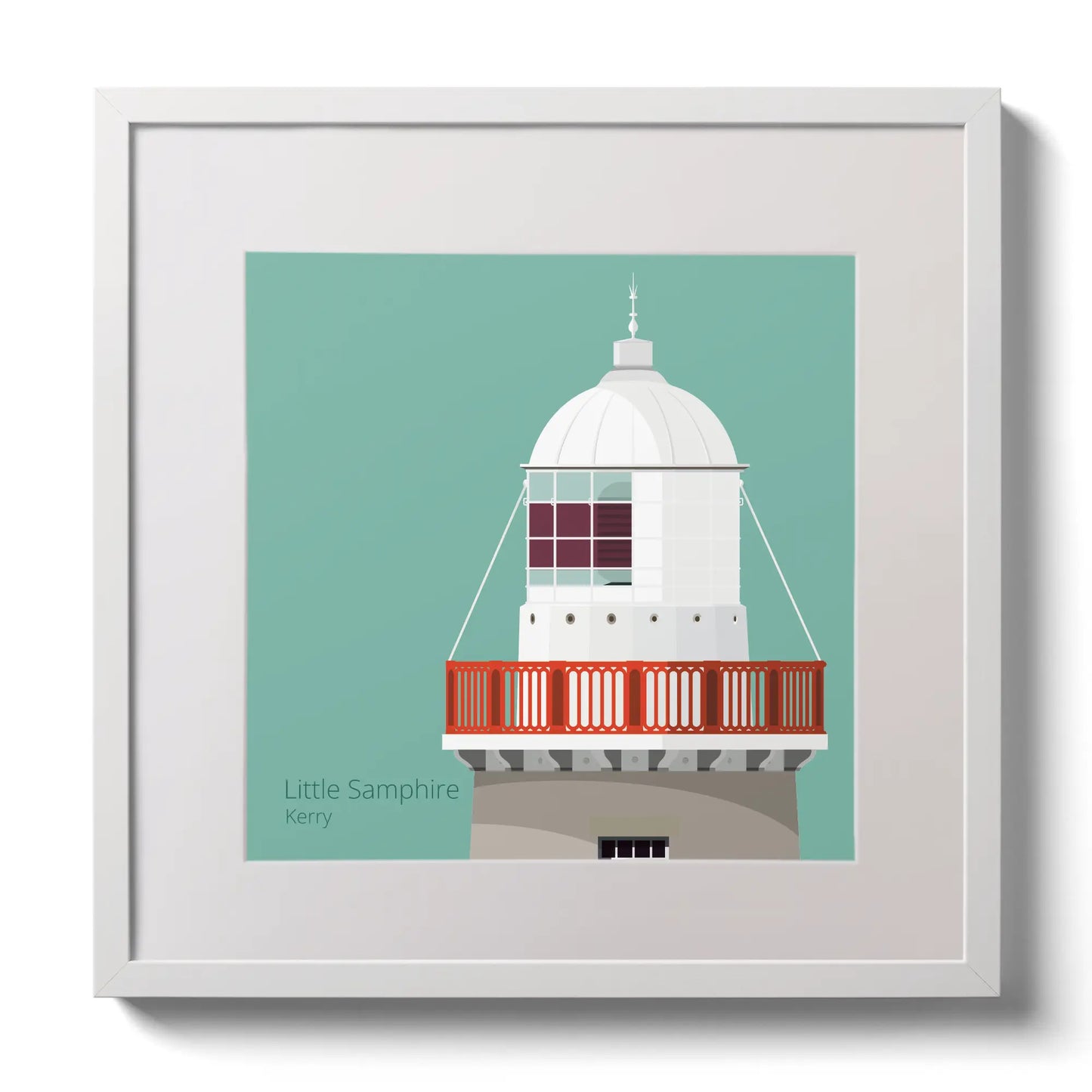 Illustration Little Samphire lighthouse on an ocean green background,  in a white square frame measuring 30x30cm.