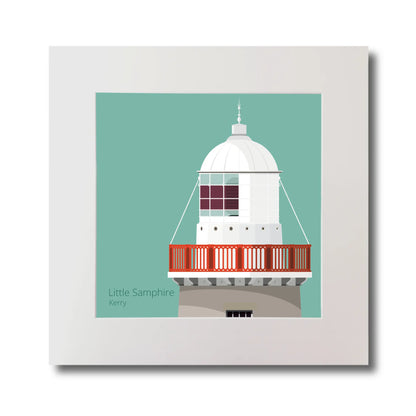Illustration Little Samphire lighthouse on an ocean green background, mounted and measuring 30x30cm.