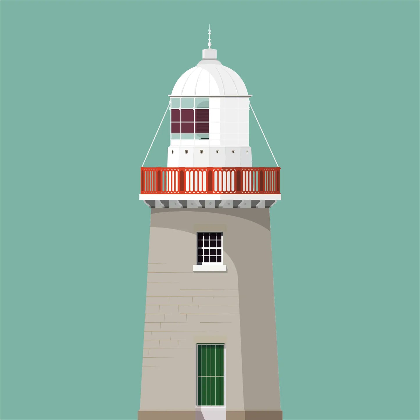 Contemporary graphic illustration of Little Samphire Island lighthouse on a white background inside light blue square.