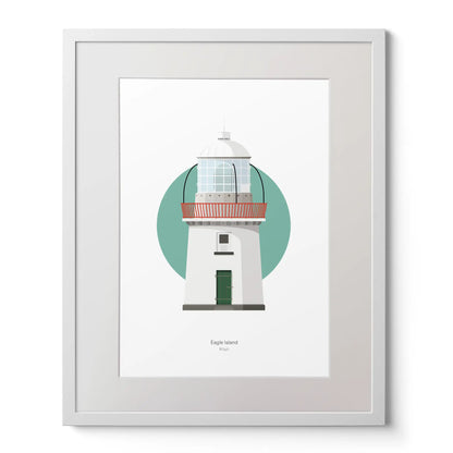Contemporary art print of Eagle Island lighthouse on a white background inside light blue square,  in a white frame measuring 40x50cm.