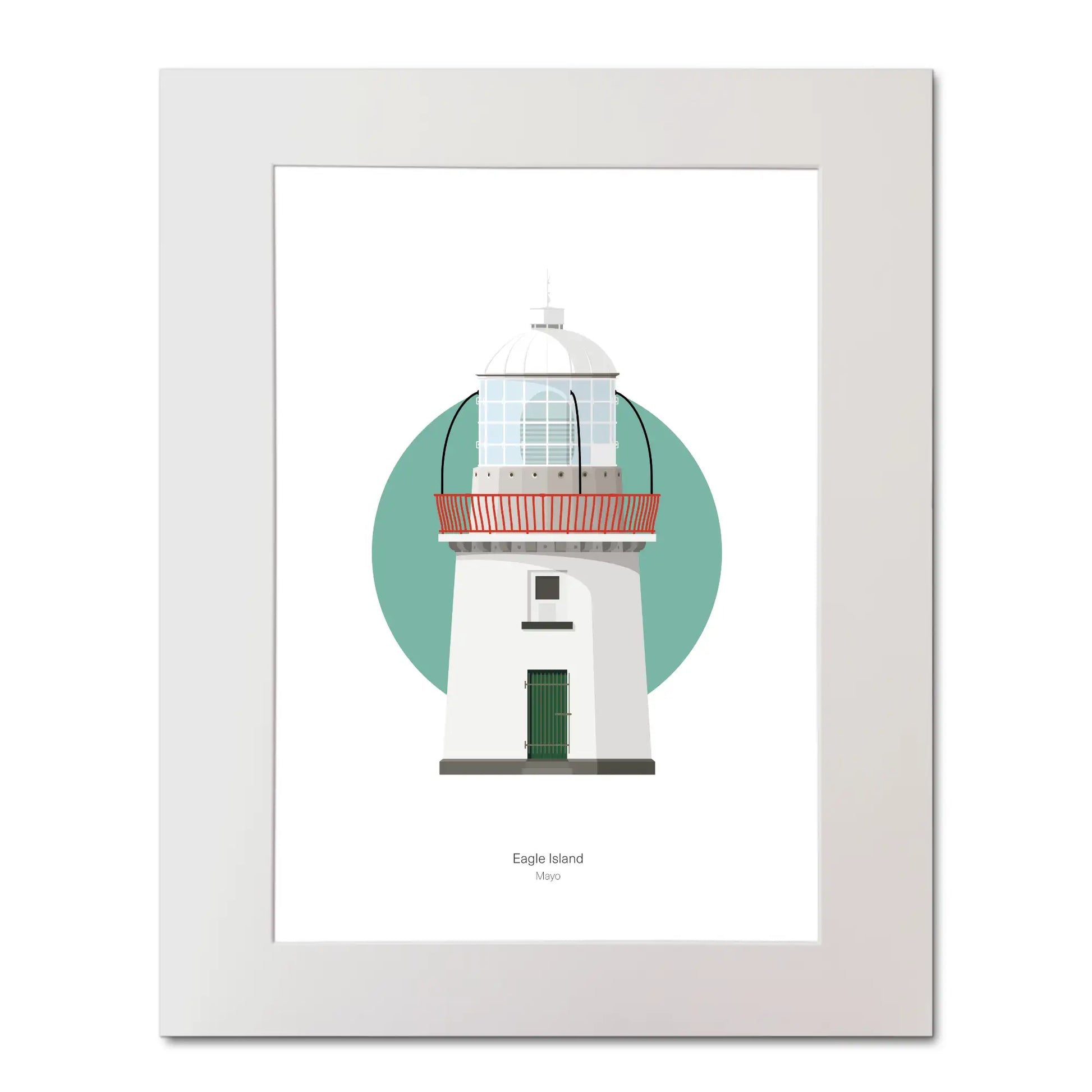 Contemporary illustration of Eagle Island lighthouse on a white background inside light blue square, mounted and measuring 40x50cm.