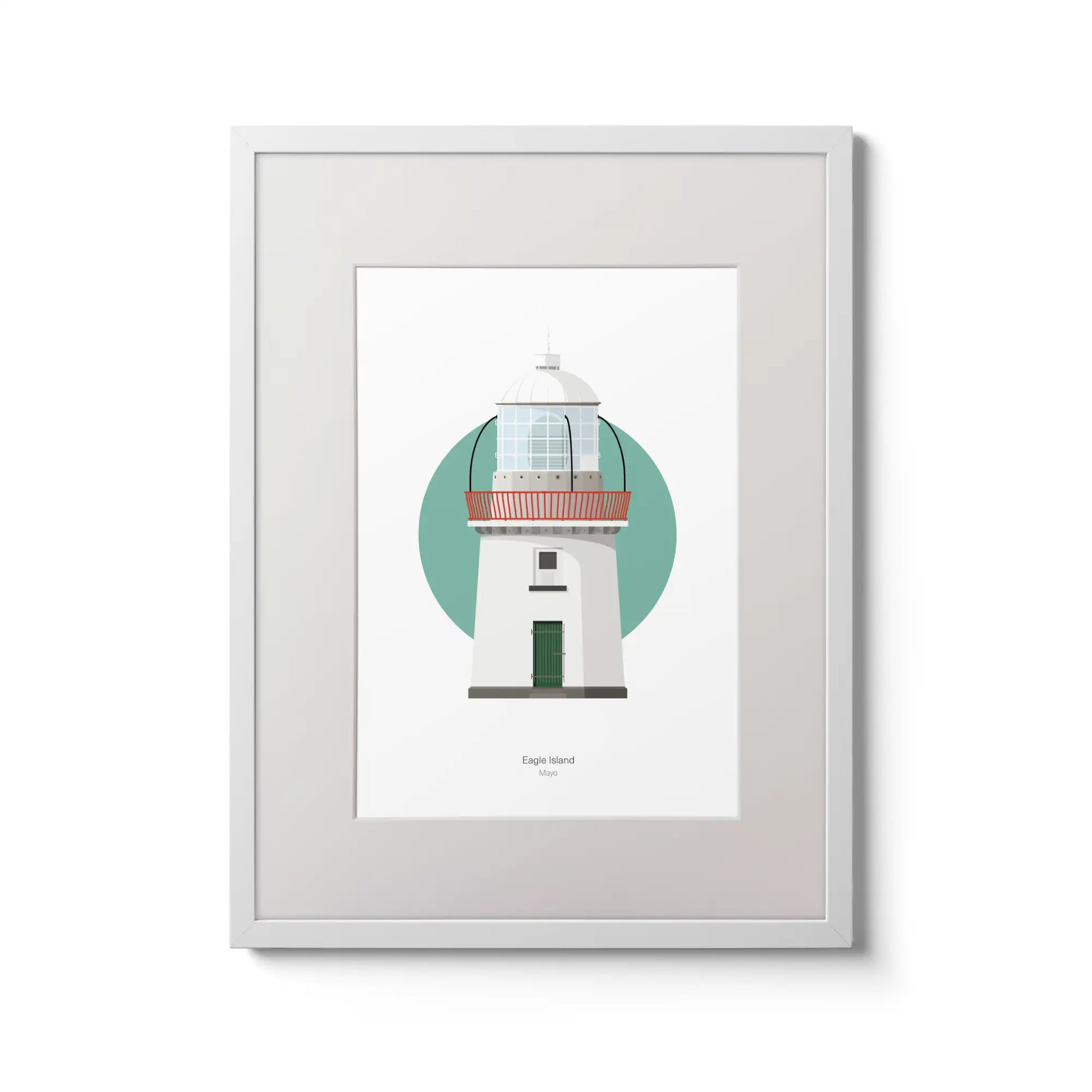 Contemporary wall art decor of Eagle Island lighthouse on a white background inside light blue square,  in a white frame measuring 30x40cm.