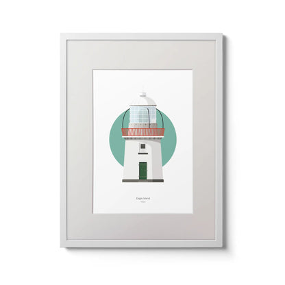 Contemporary wall art decor of Eagle Island lighthouse on a white background inside light blue square,  in a white frame measuring 30x40cm.