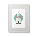 Contemporary wall art decor of Eagle Island lighthouse on a white background inside light blue square,  in a white frame measuring 30x40cm.