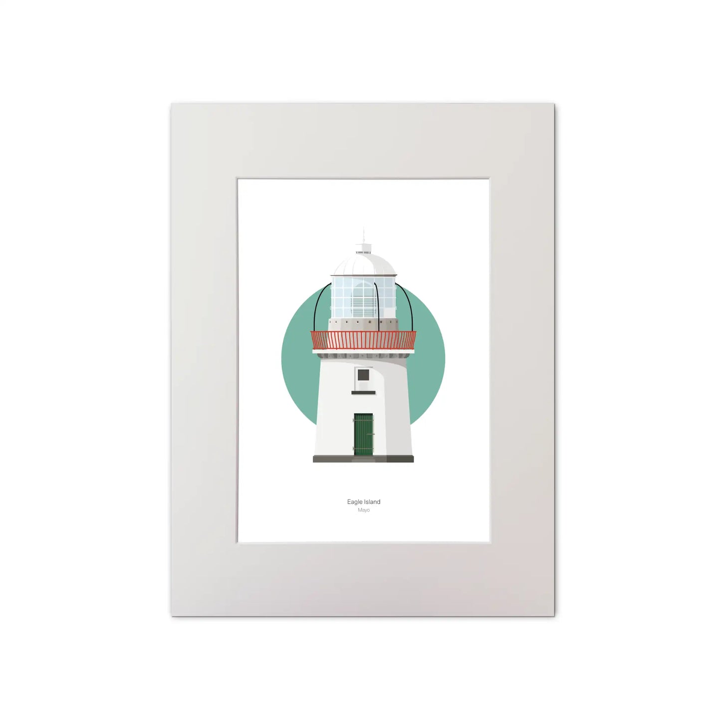 Contemporary graphic illustration of Eagle Island lighthouse on a white background inside light blue square, mounted and measuring 30x40cm.