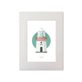 Contemporary graphic illustration of Eagle Island lighthouse on a white background inside light blue square, mounted and measuring 30x40cm.