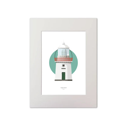 Contemporary graphic illustration of Eagle Island lighthouse on a white background inside light blue square, mounted and measuring 30x40cm.