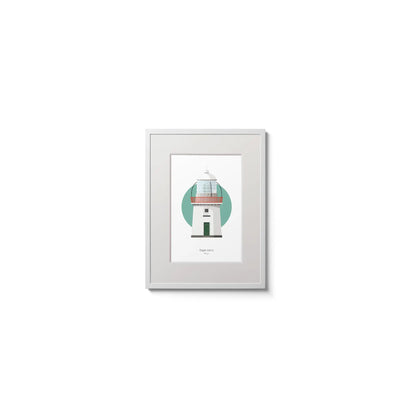 Contemporary wall hanging of Eagle Island lighthouse on a white background inside light blue square,  in a white frame measuring 15x20cm.