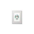 Contemporary wall hanging of Eagle Island lighthouse on a white background inside light blue square,  in a white frame measuring 15x20cm.
