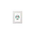 Contemporary graphic illustration of Eagle Island lighthouse on a white background inside light blue square, mounted and measuring 15x20cm.