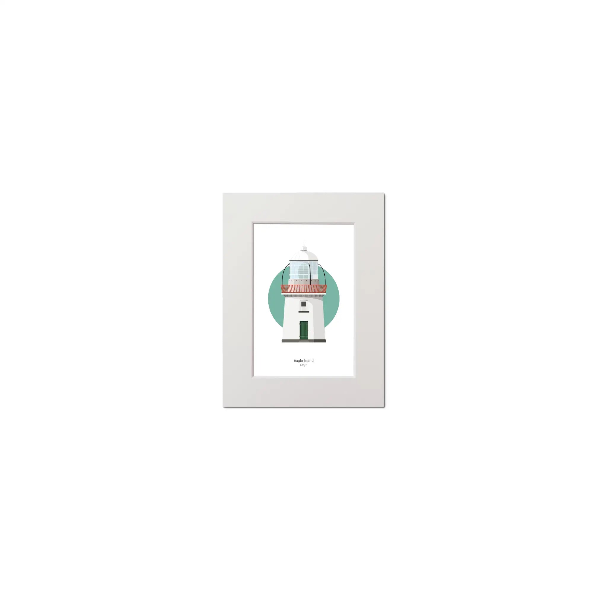 Contemporary graphic illustration of Eagle Island lighthouse on a white background inside light blue square, mounted and measuring 15x20cm.