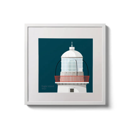 Framed wall art decoration Eagle Island lighthouse on a midnight blue background,  in a white square frame measuring 20x20cm.