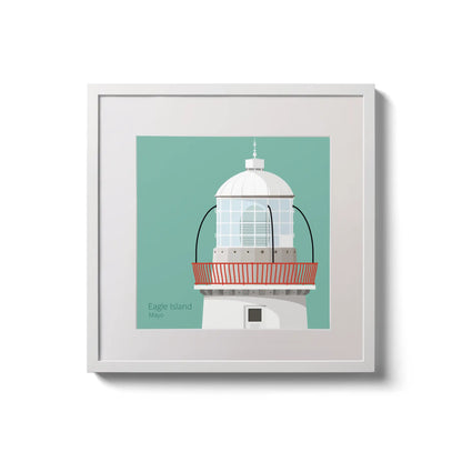 Contemporary wall hanging Eagle Island lighthouse on an ocean green background,  in a white square frame measuring 20x20cm.