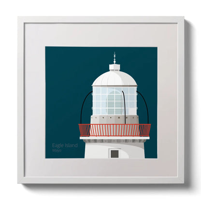 Illustration Eagle Island lighthouse on a midnight blue background,  in a white square frame measuring 30x30cm.
