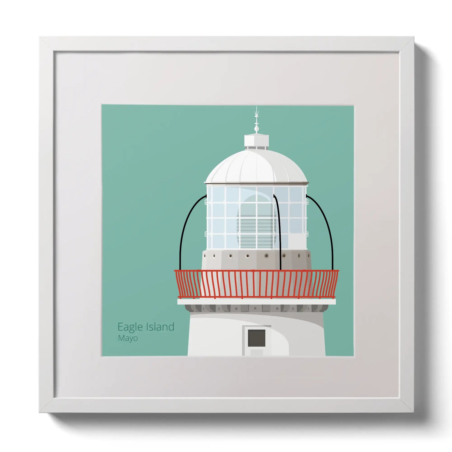 Illustration Eagle Island lighthouse on an ocean green background,  in a white square frame measuring 30x30cm.