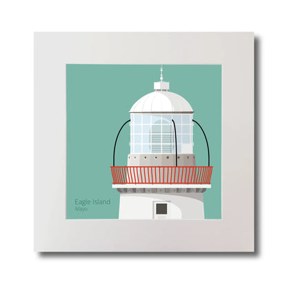 Illustration Eagle Island lighthouse on an ocean green background, mounted and measuring 30x30cm.
