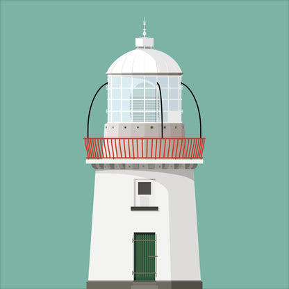 Contemporary graphic illustration of Eagle Island lighthouse on a white background inside light blue square.
