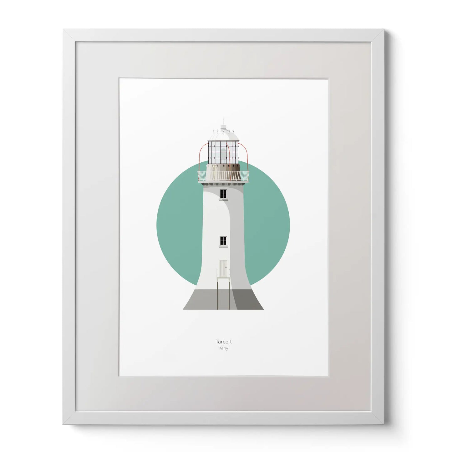 Contemporary art print of Tarbert lighthouse on a white background inside light blue square,  in a white frame measuring 40x50cm.