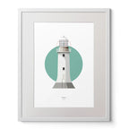 Contemporary art print of Tarbert lighthouse on a white background inside light blue square,  in a white frame measuring 40x50cm.