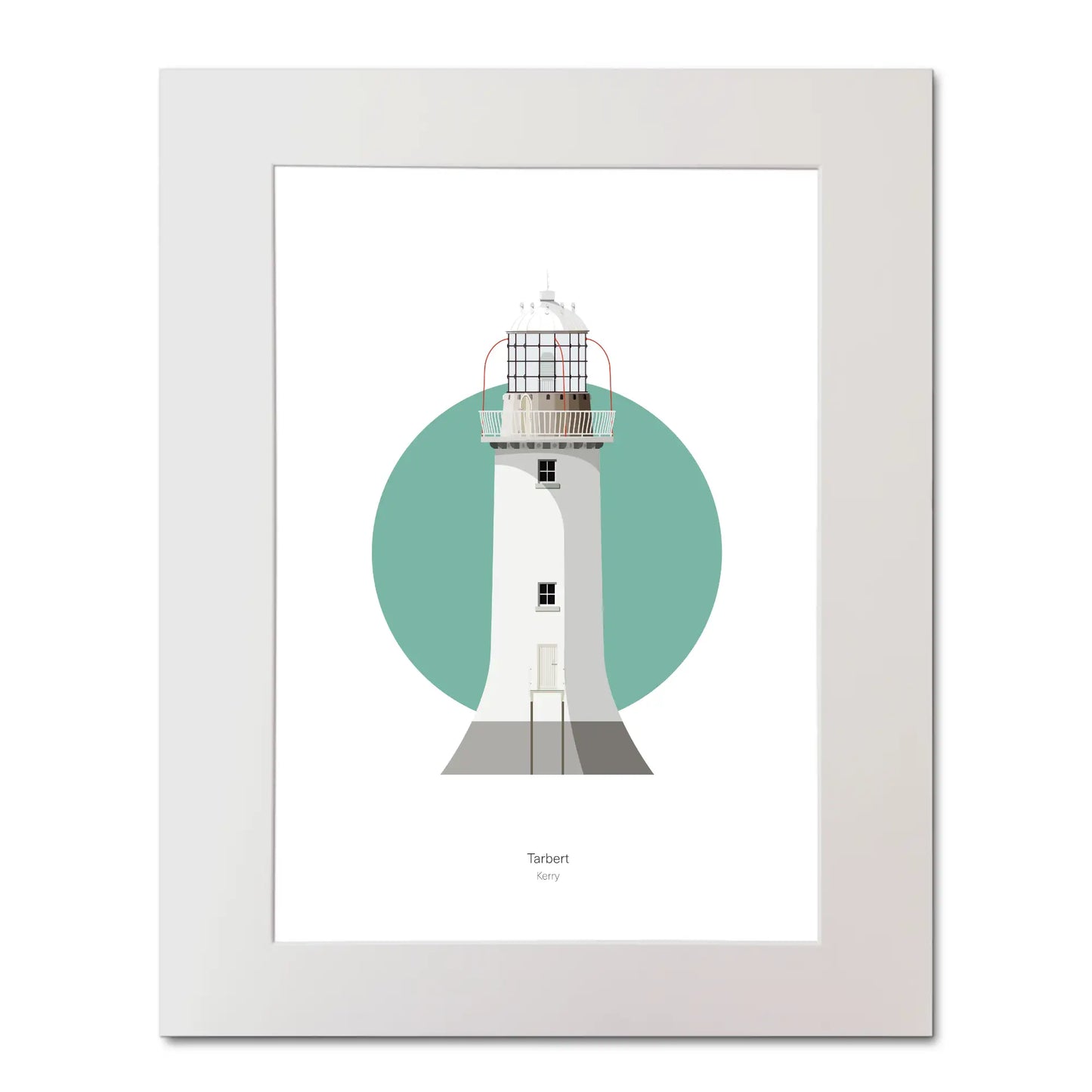 Contemporary illustration of Tarbert lighthouse on a white background inside light blue square, mounted and measuring 40x50cm.