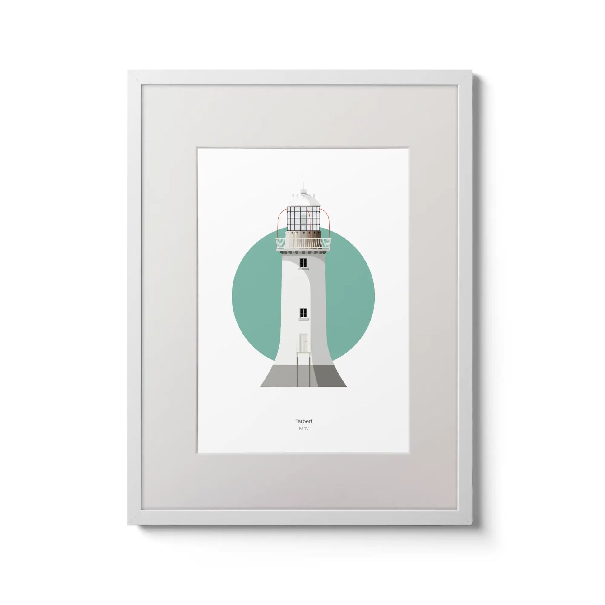 Contemporary wall art decor of Tarbert lighthouse on a white background inside light blue square,  in a white frame measuring 30x40cm.