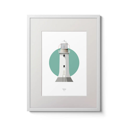 Contemporary wall art decor of Tarbert lighthouse on a white background inside light blue square,  in a white frame measuring 30x40cm.