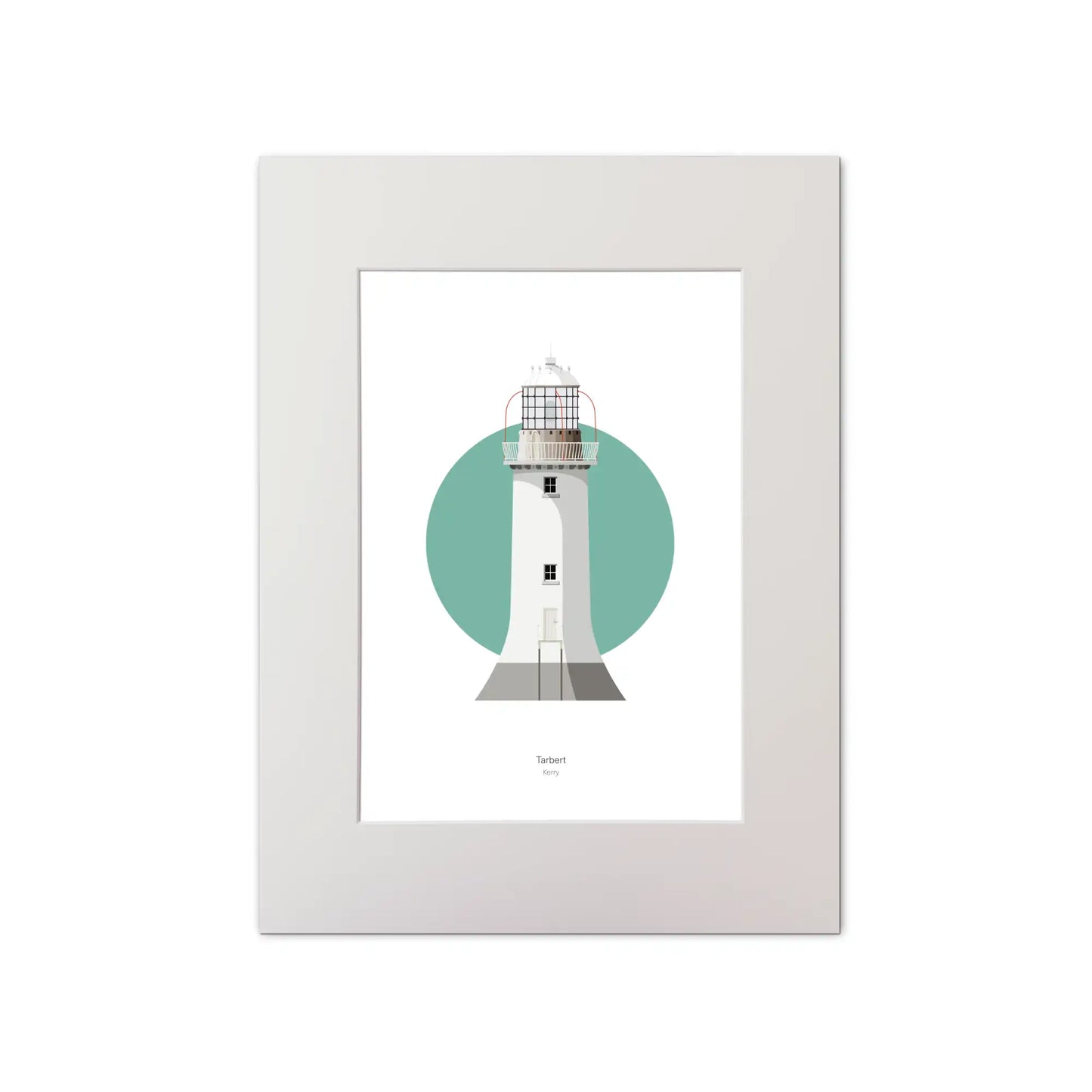 Contemporary graphic illustration of Tarbert lighthouse on a white background inside light blue square, mounted and measuring 30x40cm.