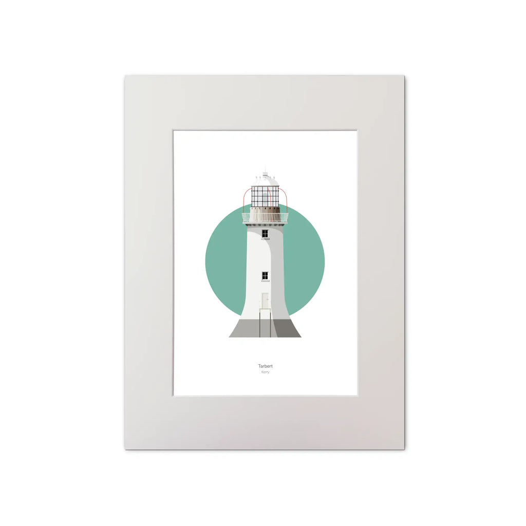 Contemporary graphic illustration of Tarbert lighthouse on a white background inside light blue square, mounted and measuring 30x40cm.