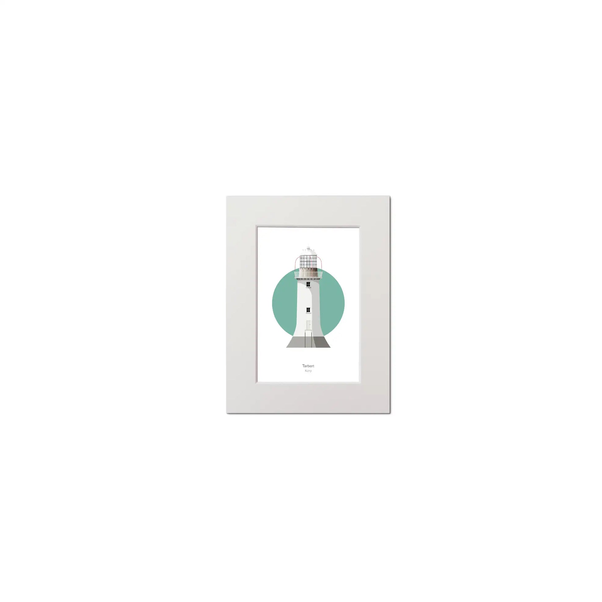 Contemporary graphic illustration of Tarbert lighthouse on a white background inside light blue square, mounted and measuring 15x20cm.